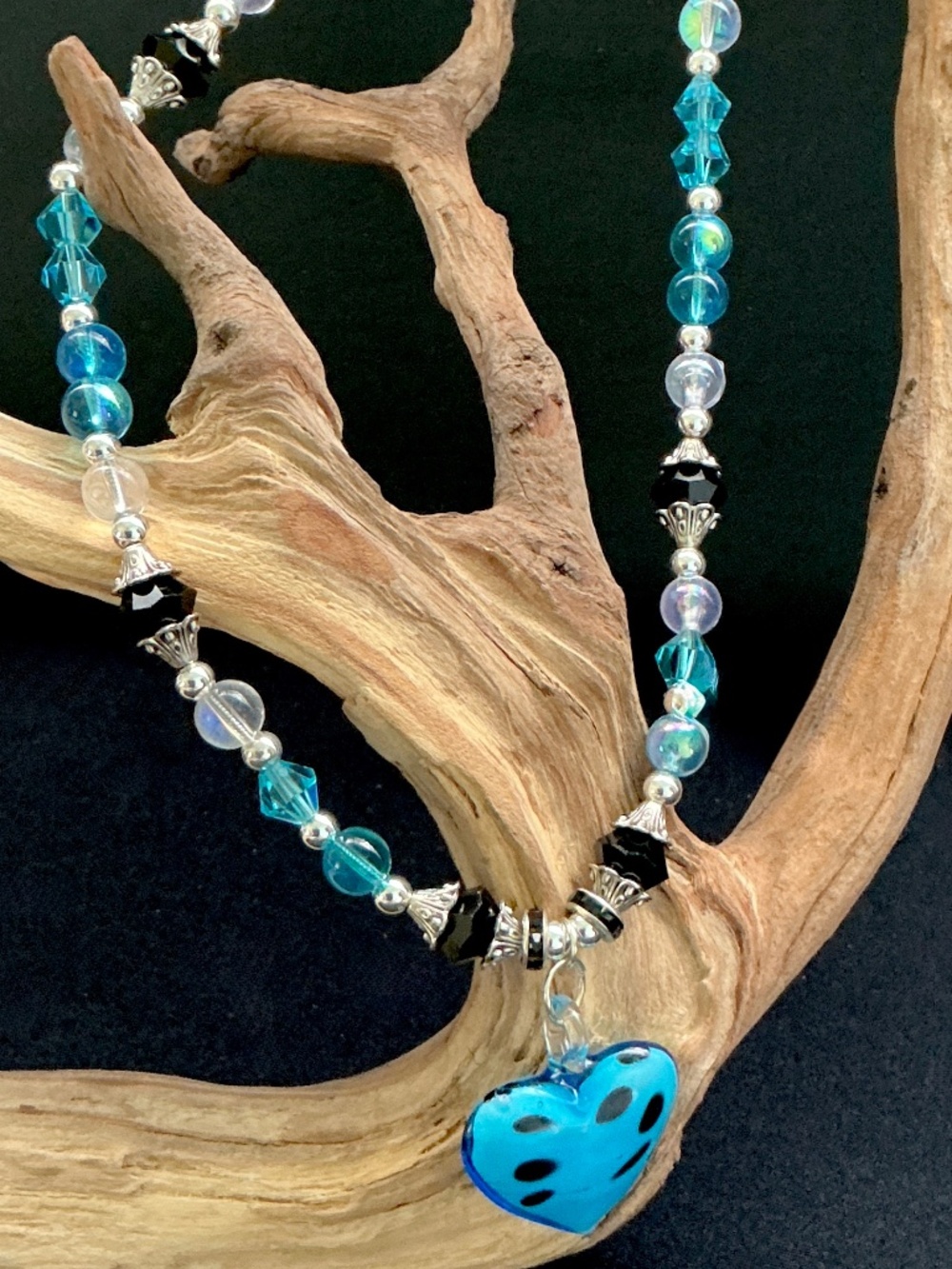 Artisan Murano Style Blue Polka Dot Glass Heart Necklace